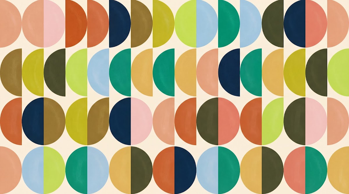 Papier peint panoramique abstrait - Cercles bicolores répétitifs multicolore vert bleu orange rose fond beige sur mesure - Design