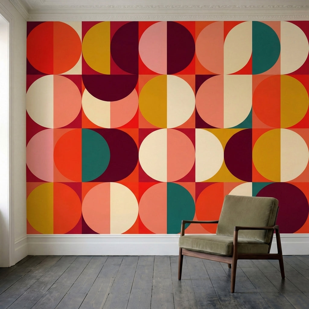 papier peint motifs geometriques cercles demilunes superposes multicolore rouge -1