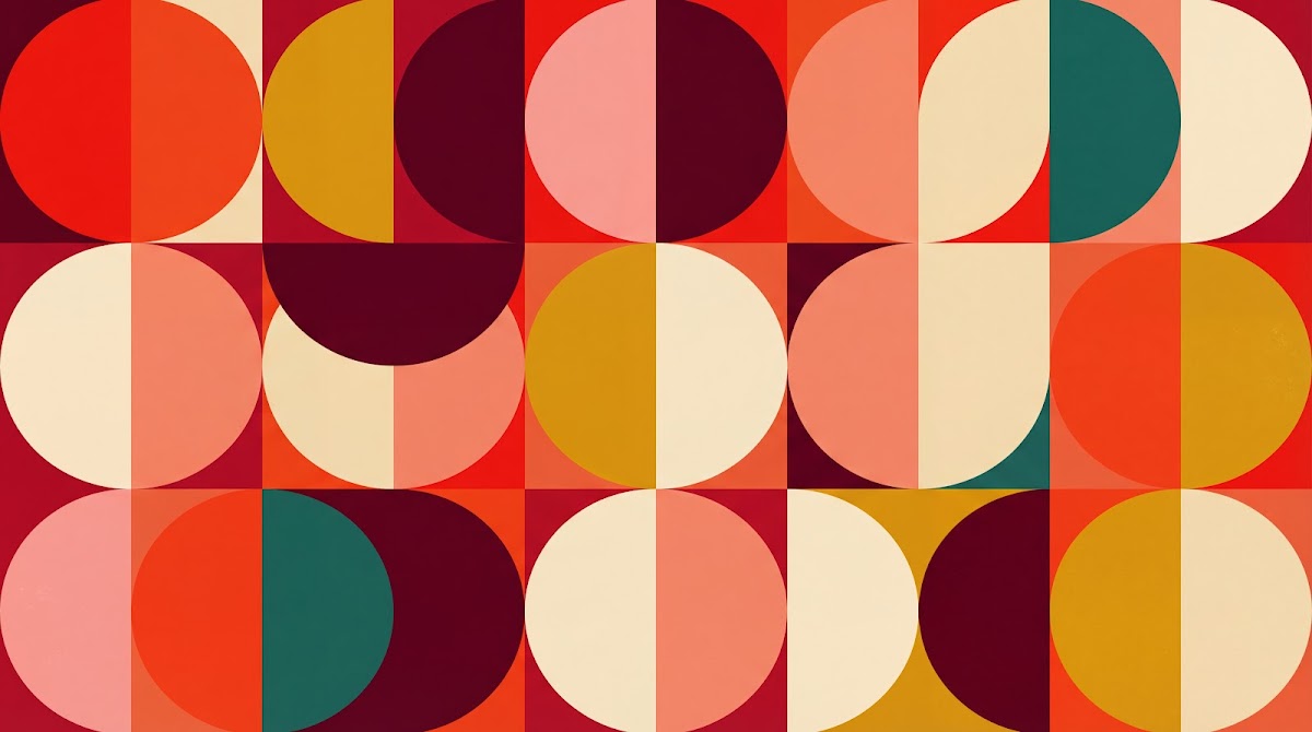 Papier peint panoramique abstrait mid-century - Cercles demi-lunes superposés multicolore rouge orangé et vert sur mesure - Design