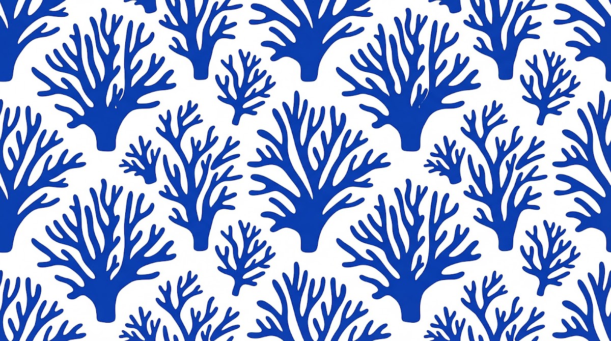 Papier peint panoramique coraux art deco - Corail branchu motifs répétitifs fond blanc et bleu marine sur mesure - Design