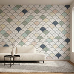 papier peint motifs geometriques ecailles arrondies repetitives blanc creme beig-1
