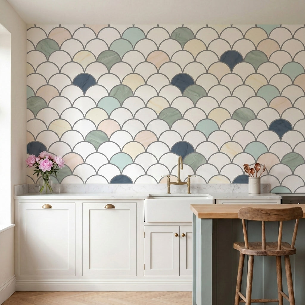 papier peint motifs geometriques ecailles arrondies repetitives blanc creme beig-2