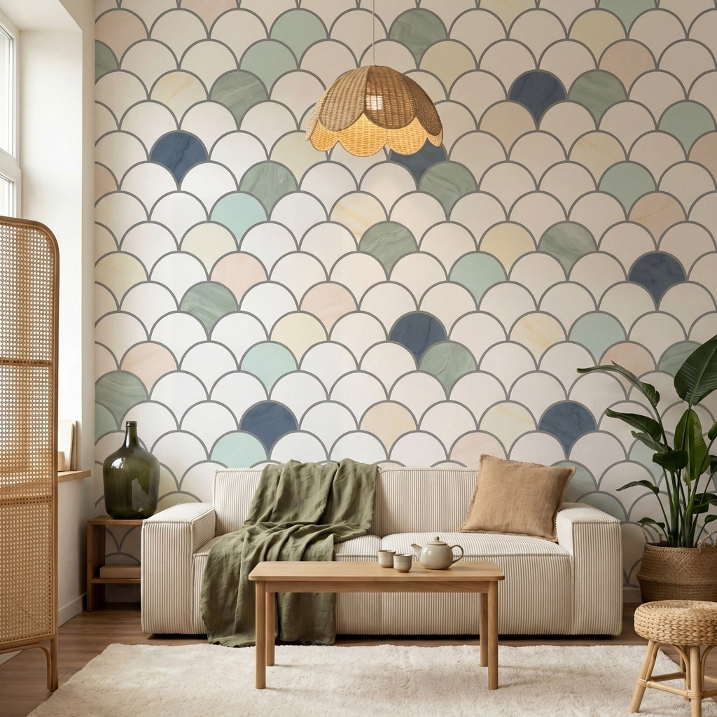 papier peint motifs geometriques ecailles arrondies repetitives blanc creme beig-6