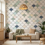 papier peint motifs geometriques ecailles arrondies repetitives blanc creme beig-6