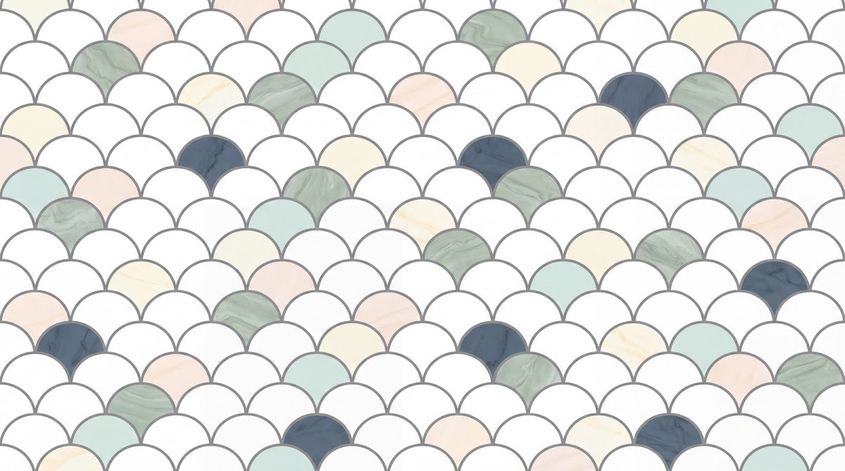 Papier peint panoramique géométrique - Écailles arrondies répétitives blanc crème beige et accents verts sur mesure - Design