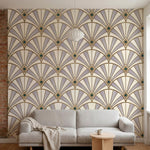 papier peint motifs geometriques eventails art deco beige creme et accents verts-1