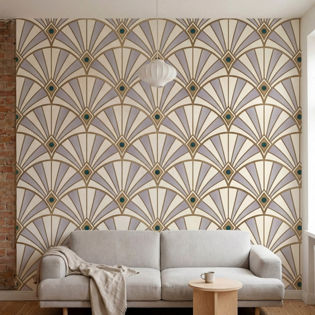 papier peint motifs geometriques eventails art deco beige creme et accents verts-1