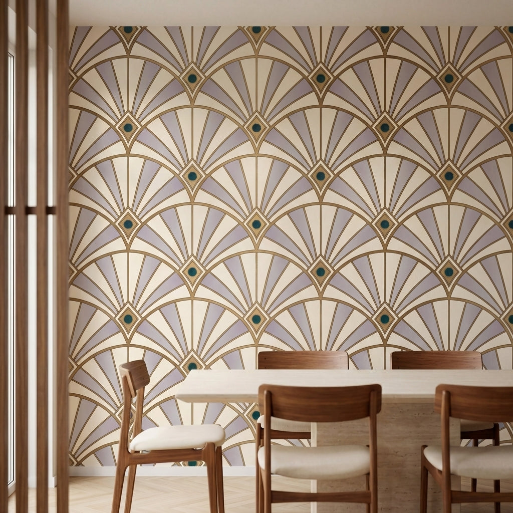papier peint motifs geometriques eventails art deco beige creme et accents verts-3