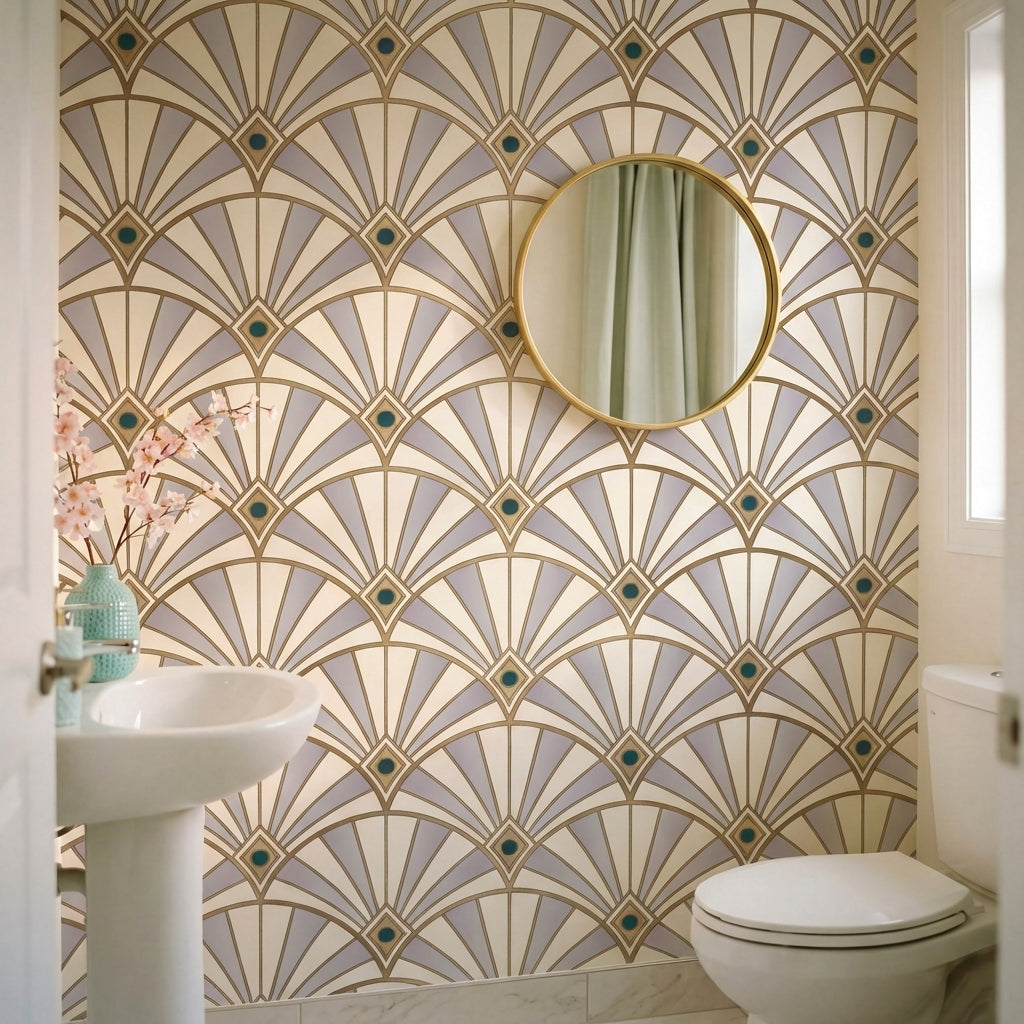papier peint motifs geometriques eventails art deco beige creme et accents verts-VARIANTE-14