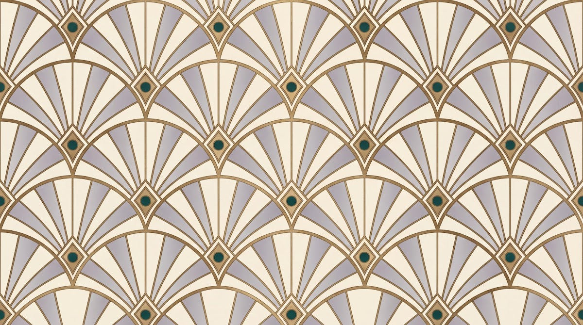 Papier peint panoramique art deco - Éventails art déco beige crème et accents verts sur mesure - Design