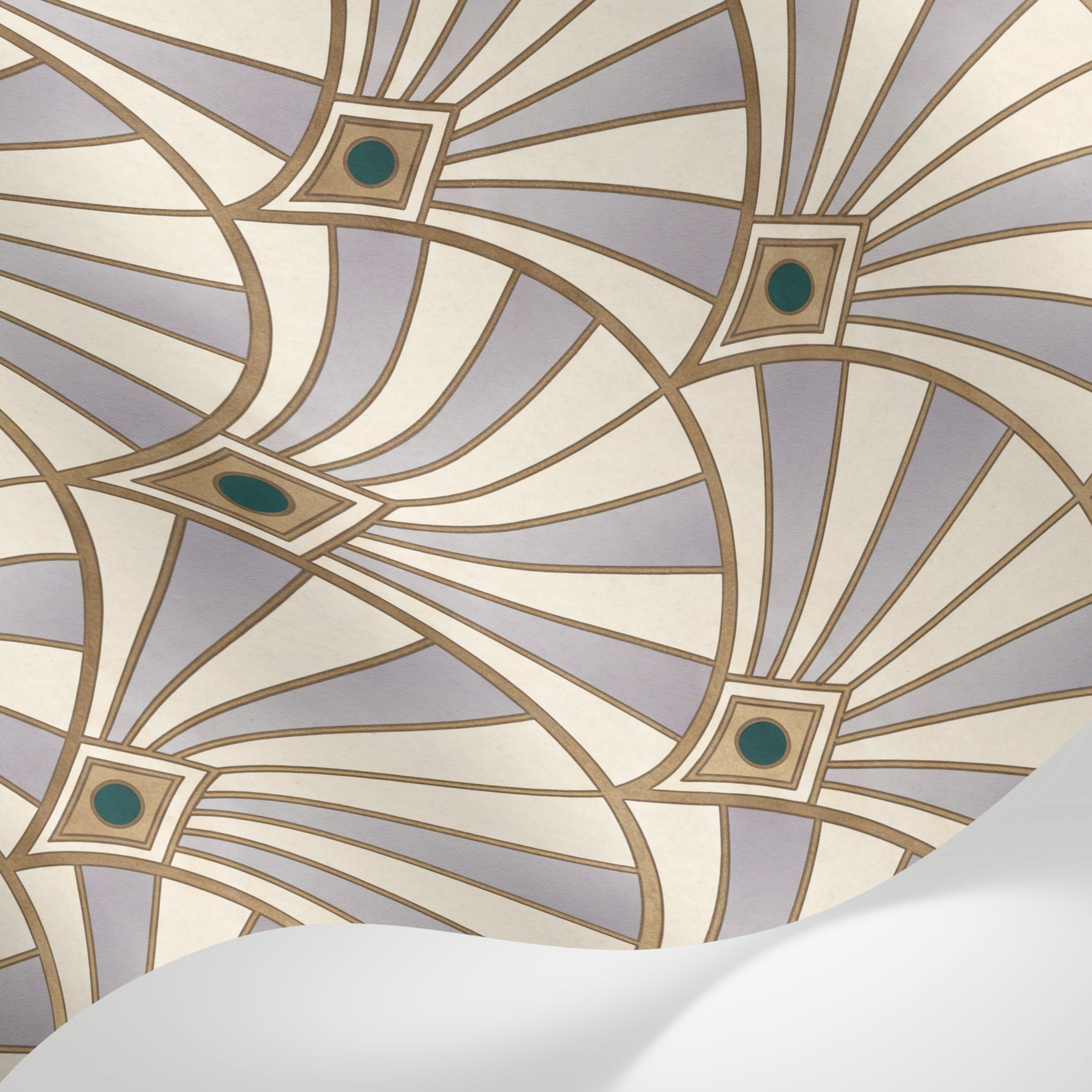 Papier peint panoramique art deco - Éventails art déco beige crème et accents verts sur mesure - Matière