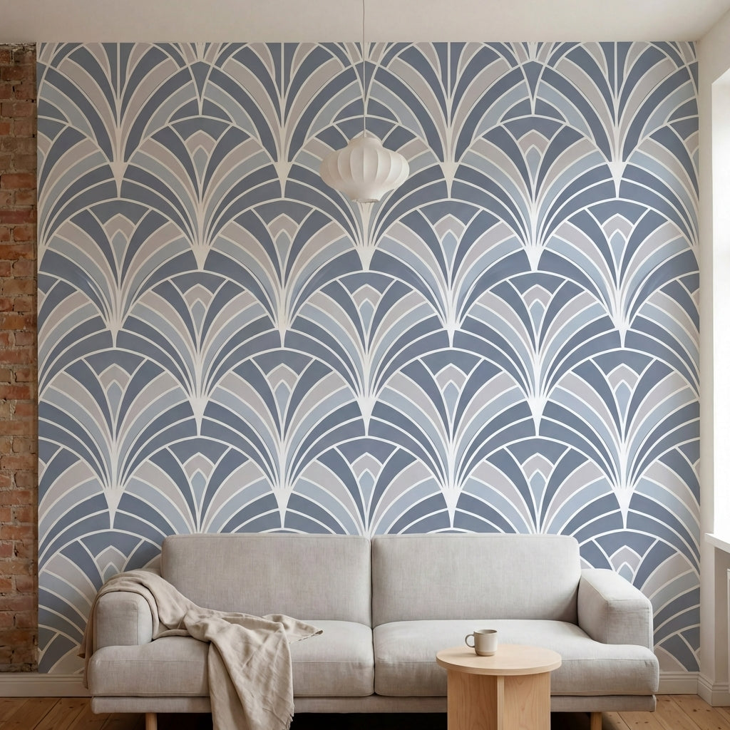 papier peint motifs geometriques eventails art deco repetitifs gris bleu et blan-1