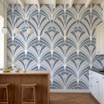 papier peint motifs geometriques eventails art deco repetitifs gris bleu et blan-2