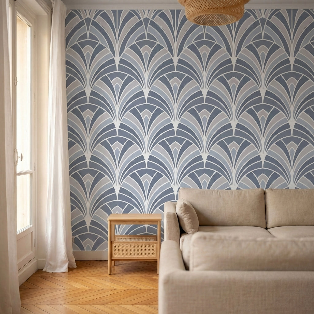 papier peint motifs geometriques eventails art deco repetitifs gris bleu et blan-8