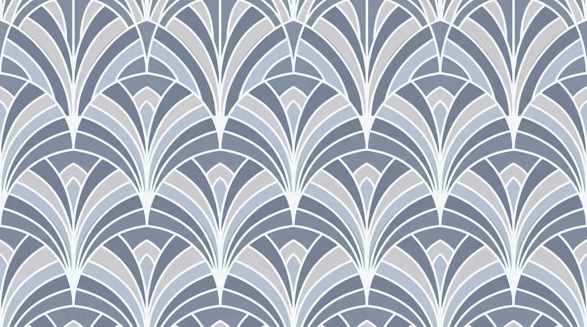 Papier peint panoramique art deco - Éventails art déco répétitifs gris bleu et blanc cassé sur mesure - Design