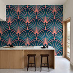 papier peint motifs geometriques eventails art deco repetitifs rose corail fond -3