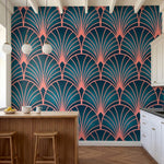 papier peint motifs geometriques eventails art deco repetitifs rose corail fond -4
