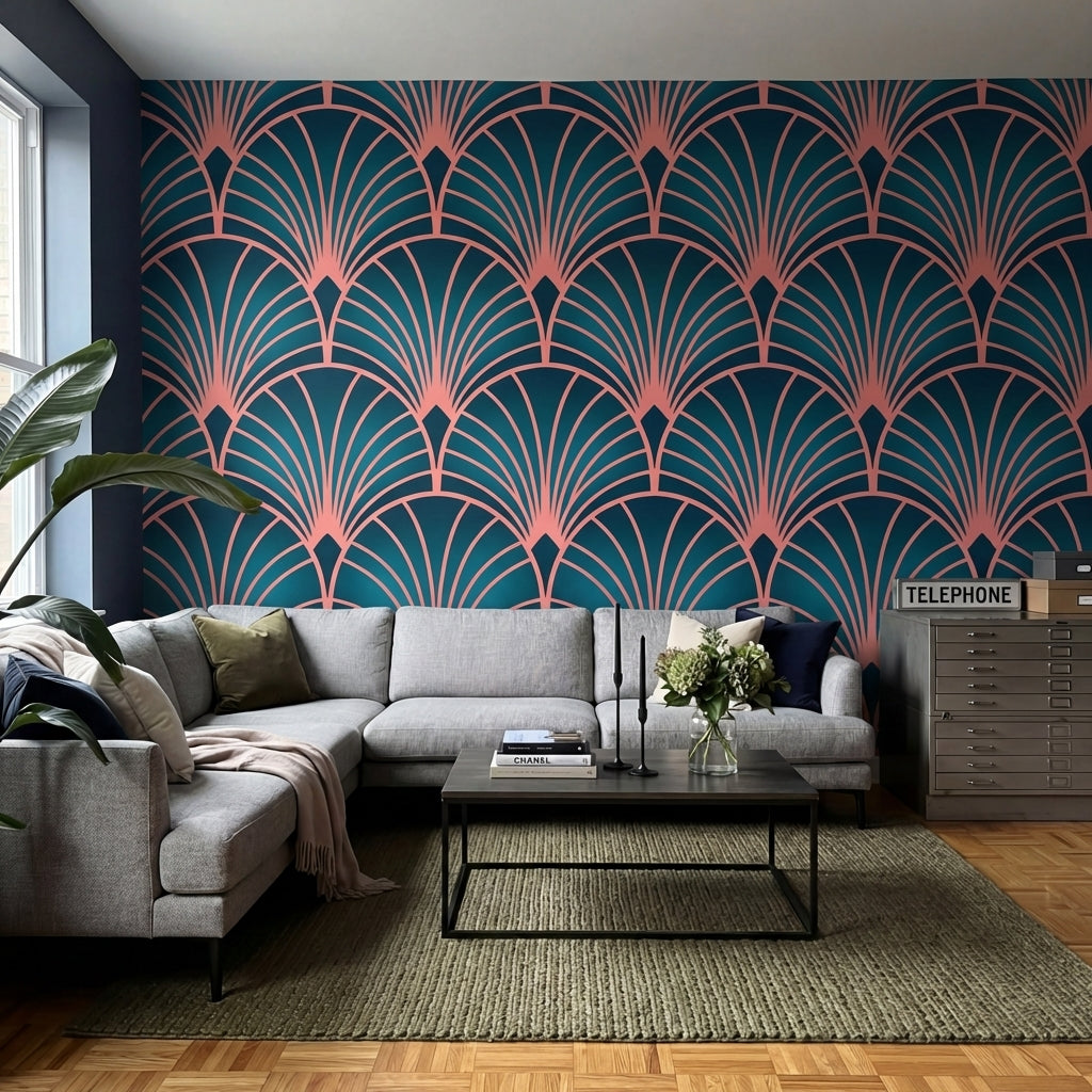 papier peint motifs geometriques eventails art deco repetitifs rose corail fond -6