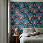 papier peint motifs geometriques eventails art deco repetitifs rose corail fond -VARIANTE-10