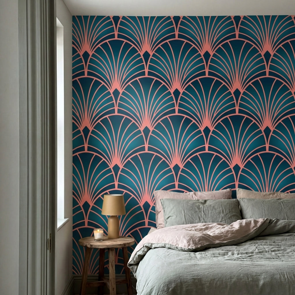 papier peint motifs geometriques eventails art deco repetitifs rose corail fond -VARIANTE-10
