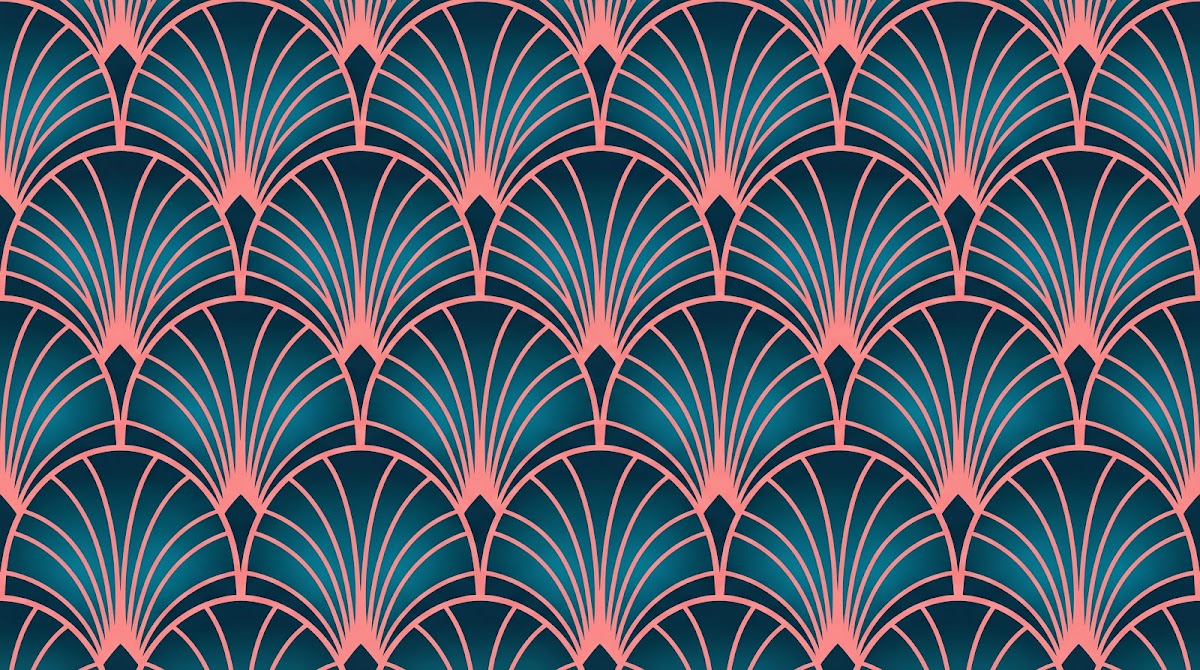 Papier peint panoramique art deco - Éventails art déco répétitifs rose corail fond bleu nuit sur mesure - Design