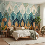 papier peint motifs geometriques flammes stylisees degrade bleu turquoise beige -10