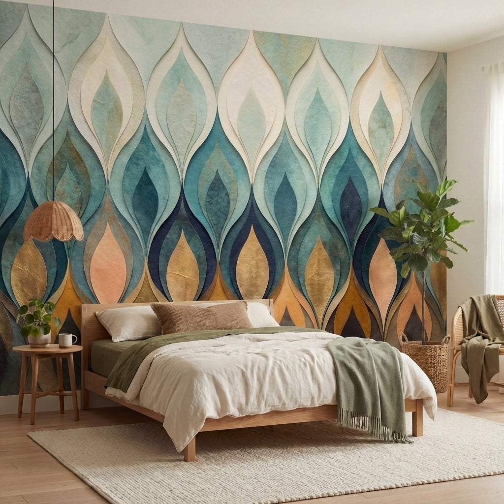 papier peint motifs geometriques flammes stylisees degrade bleu turquoise beige -10