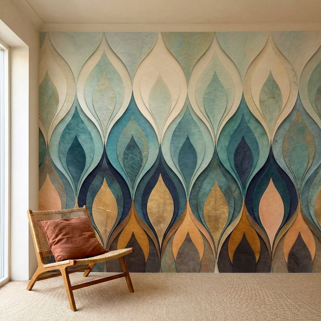 papier peint motifs geometriques flammes stylisees degrade bleu turquoise beige -2
