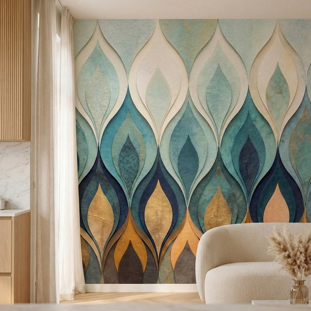 papier peint motifs geometriques flammes stylisees degrade bleu turquoise beige -4