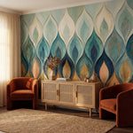 papier peint motifs geometriques flammes stylisees degrade bleu turquoise beige -7