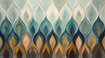 Papier peint panoramique art deco - Flammes stylisées dégradé bleu turquoise beige et orange cuivré sur mesure - Design