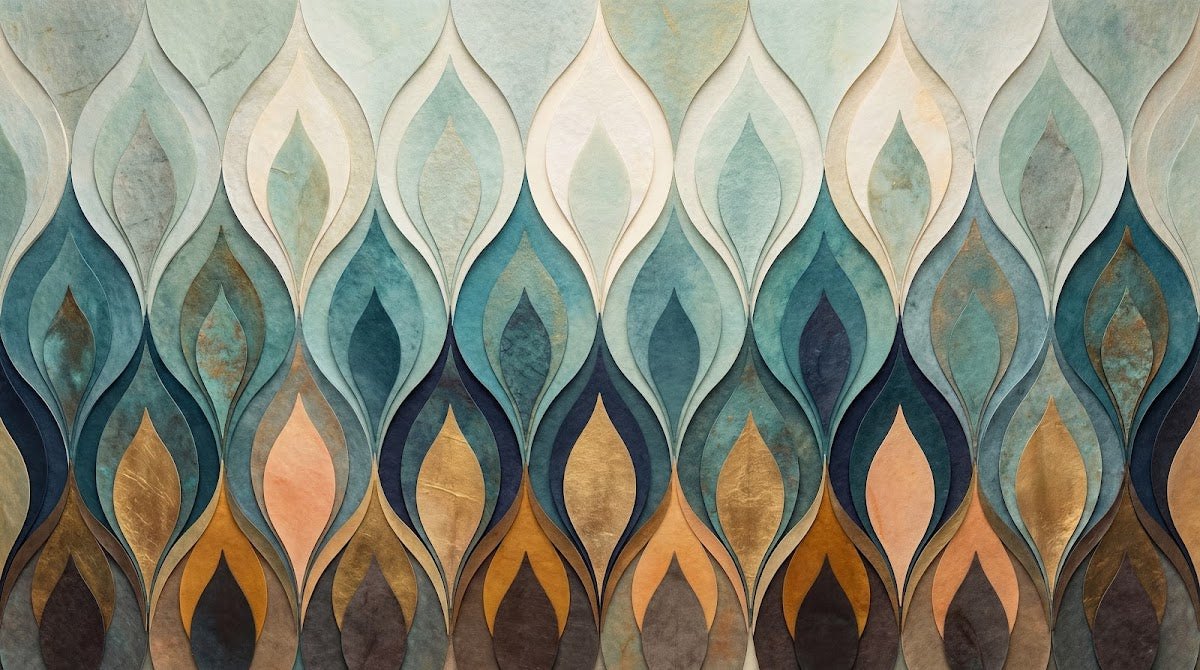 Papier peint panoramique art deco - Flammes stylisées dégradé bleu turquoise beige et orange cuivré sur mesure - Design