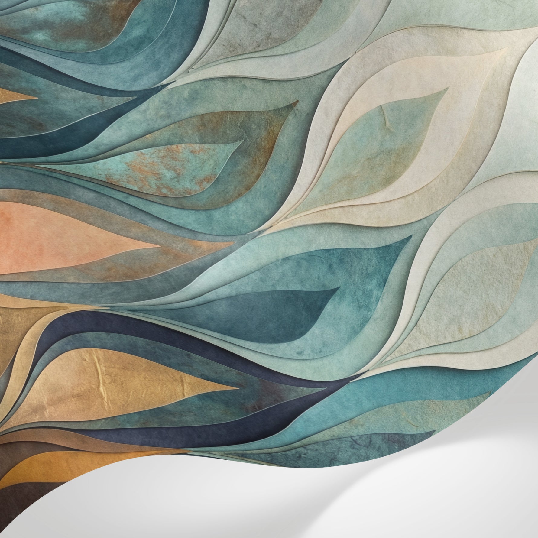 Papier peint panoramique art deco - Flammes stylisées dégradé bleu turquoise beige et orange cuivré sur mesure - Matière
