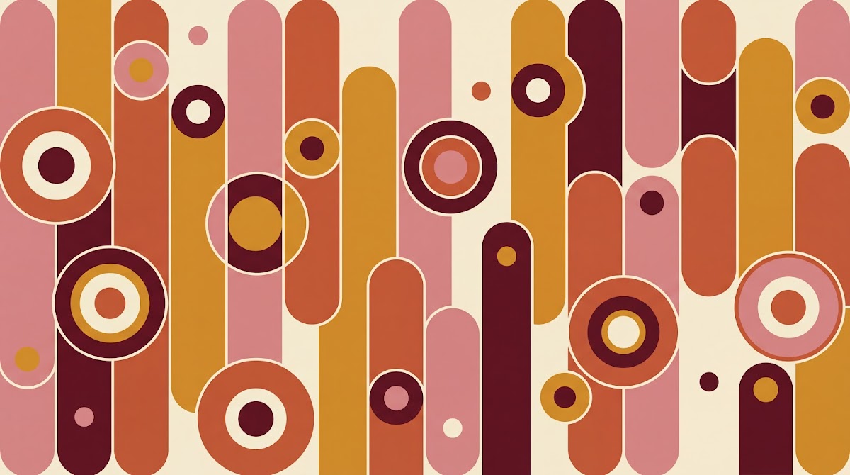 Papier peint panoramique abstrait mid-century- Formes abstraites capsules cercles concentriques fond terracotta beige et bordeaux sur mesure - Design