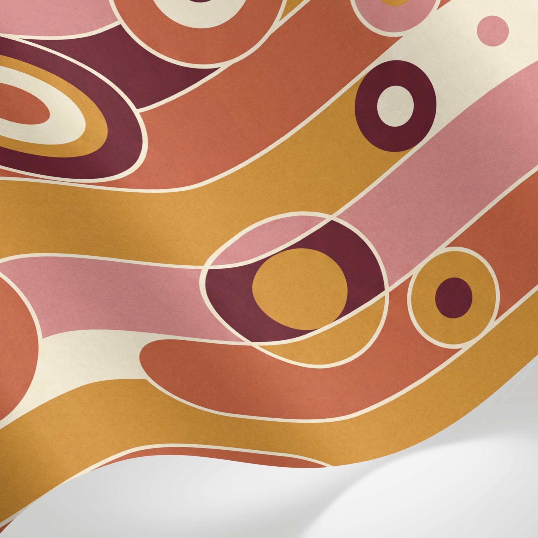 Papier peint panoramique abstrait mid-century- Formes abstraites capsules cercles concentriques fond terracotta beige et bordeaux sur mesure - Matière