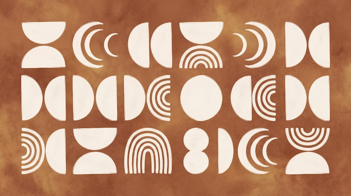 Papier peint panoramique abstrait mid-century - Formes abstraites lunes croissants demi-cercles fond terracotta et beige sur mesure - Design