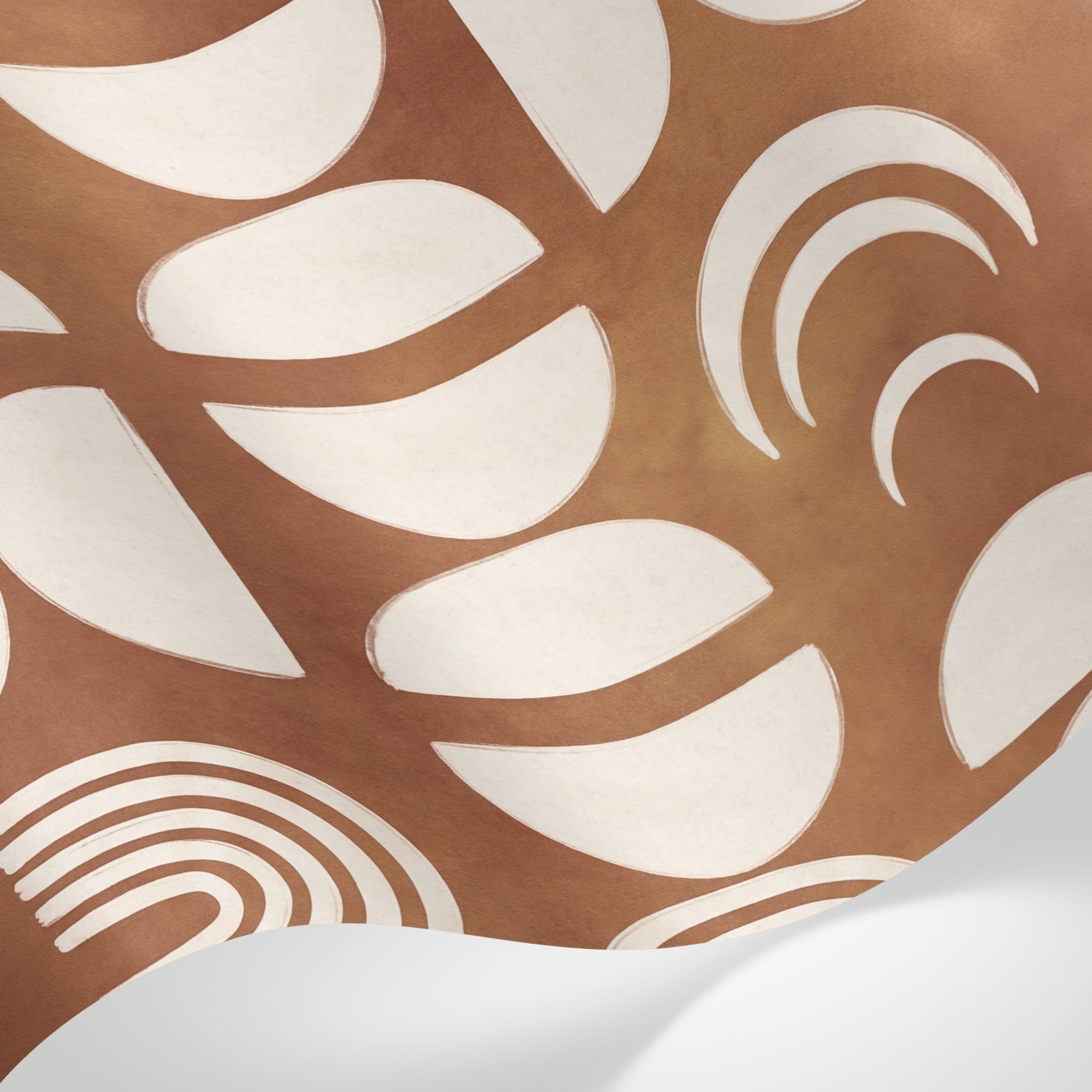 Papier peint panoramique abstrait mid-century - Formes abstraites lunes croissants demi-cercles fond terracotta et beige sur mesure - Matière