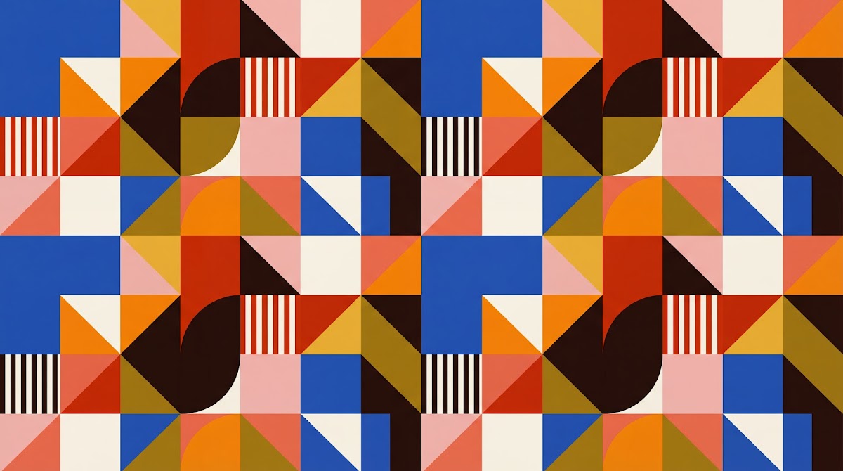 Papier peint panoramique abstrait mid-century - Formes triangulaires carré cercles rayures coloré bleu orange rouge sur mesure - Design