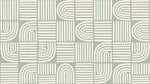 Papier peint panoramique abstrait - Lignes courbes arcs concentriques rayures entrecroisées fond vert sauge et blanc sur mesure - Design