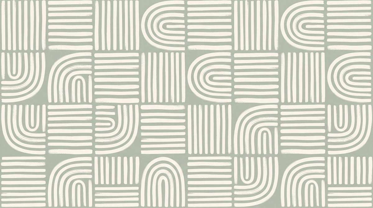 Papier peint panoramique abstrait - Lignes courbes arcs concentriques rayures entrecroisées fond vert sauge et blanc sur mesure - Design