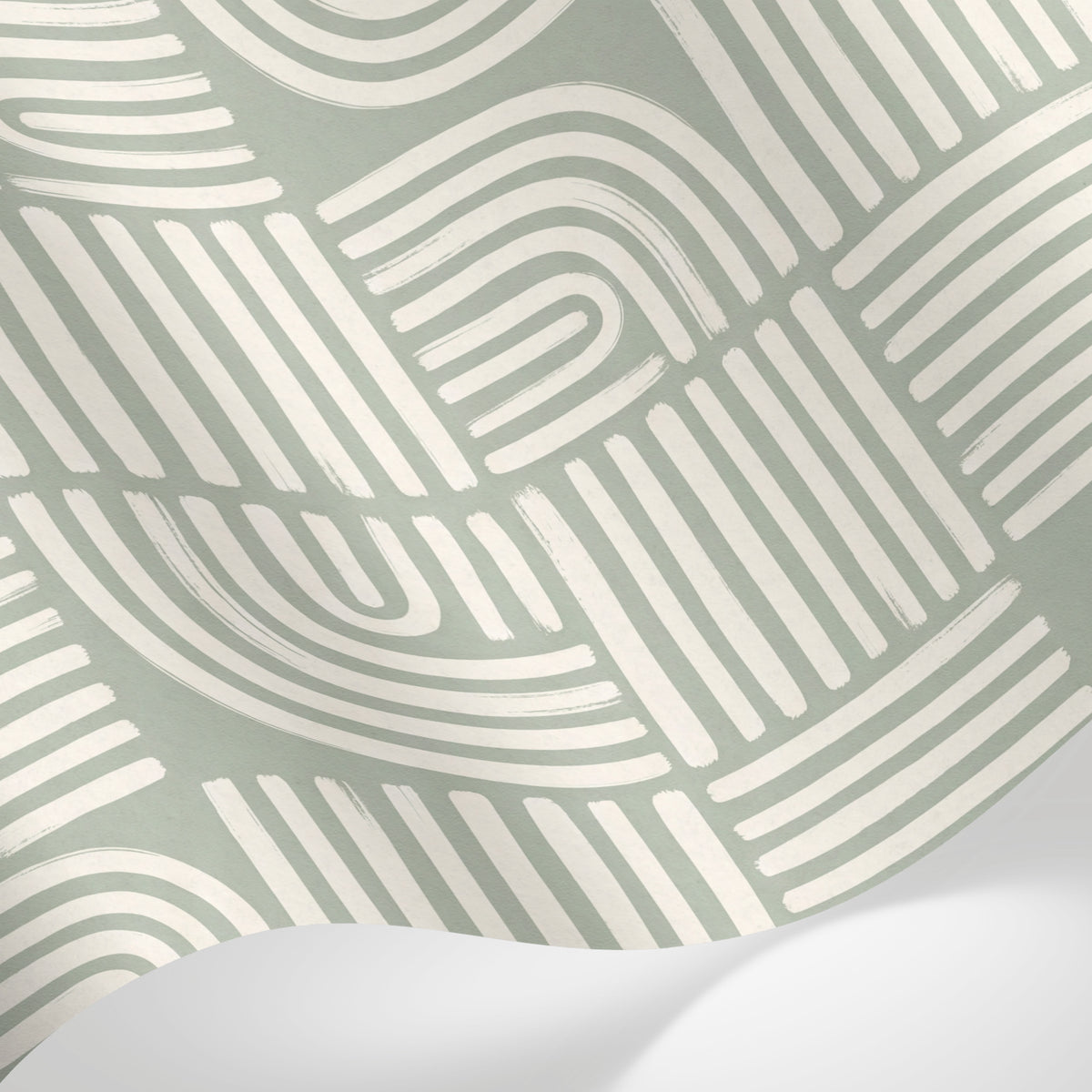 Papier peint panoramique abstrait - Lignes courbes arcs concentriques rayures entrecroisées fond vert sauge et blanc sur mesure - Matière