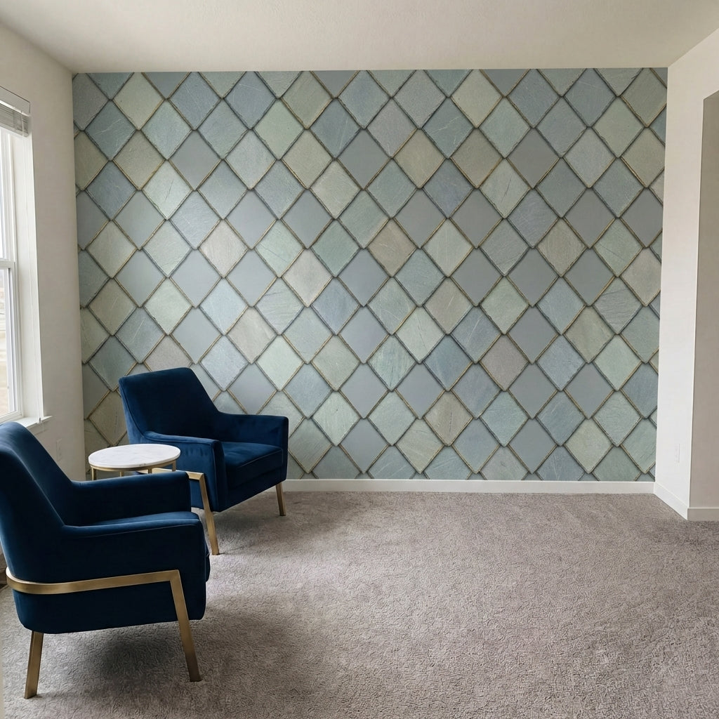 papier peint motifs geometriques losanges carres repetitifs tons bleu gris et be-10