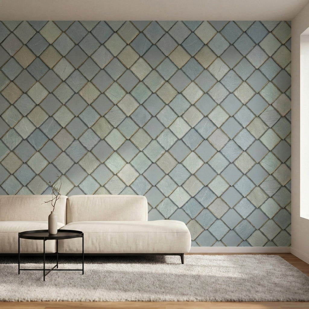 papier peint motifs geometriques losanges carres repetitifs tons bleu gris et be-4