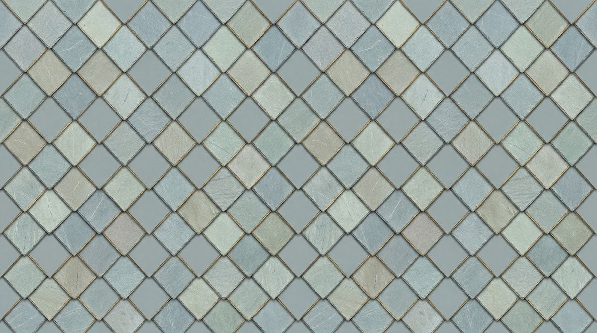 Papier peint panoramique art deco - Losanges carrés répétitifs tons bleu gris et beige nuancés sur mesure - Design