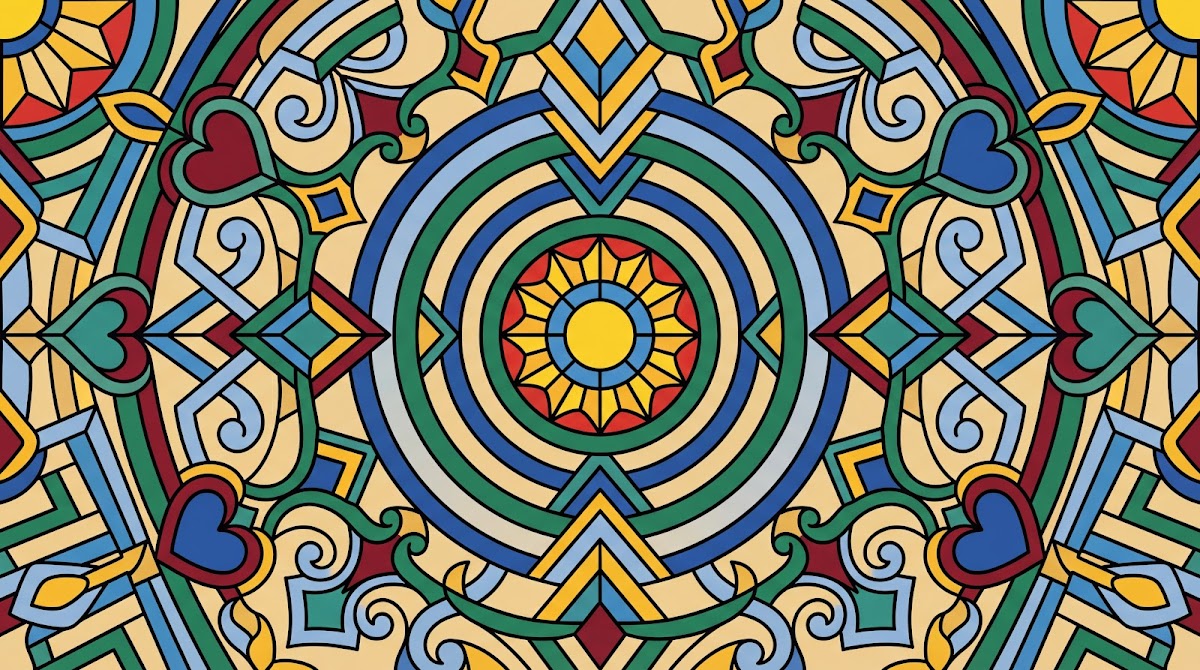 Papier peint panoramique abstrait - Mandala concentrique ornements arabesques fond beige crème bleu et rouge sur mesure - Design
