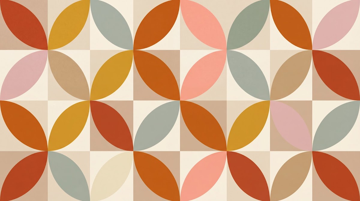 Papier peint panoramique art deco mid-century - Ovales bicolores modulaires répétitifs tons beige orange rose vert sauge sur mesure - Design
