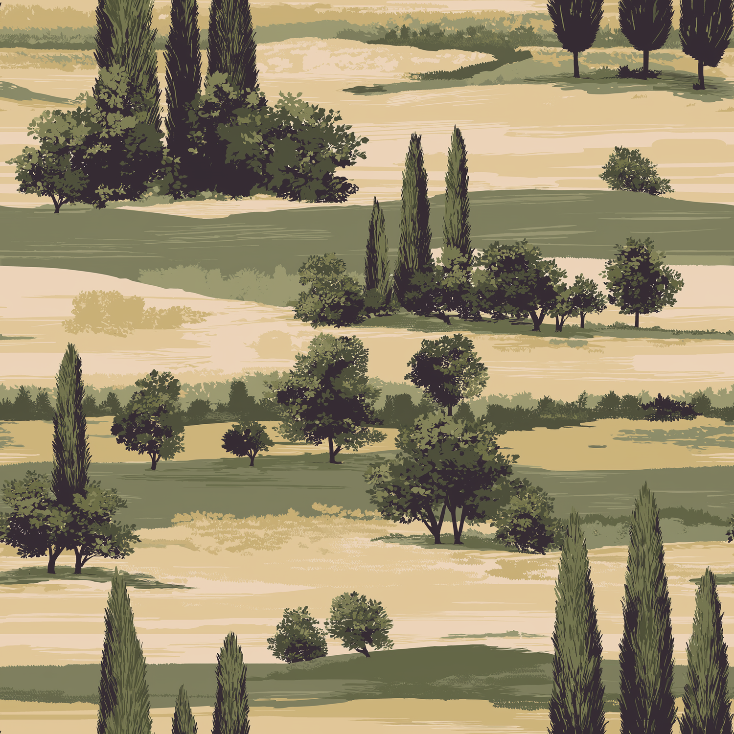 Papier peint motif nature - Cyprès chênes et prairies vallonnées vert olive et beige - Design