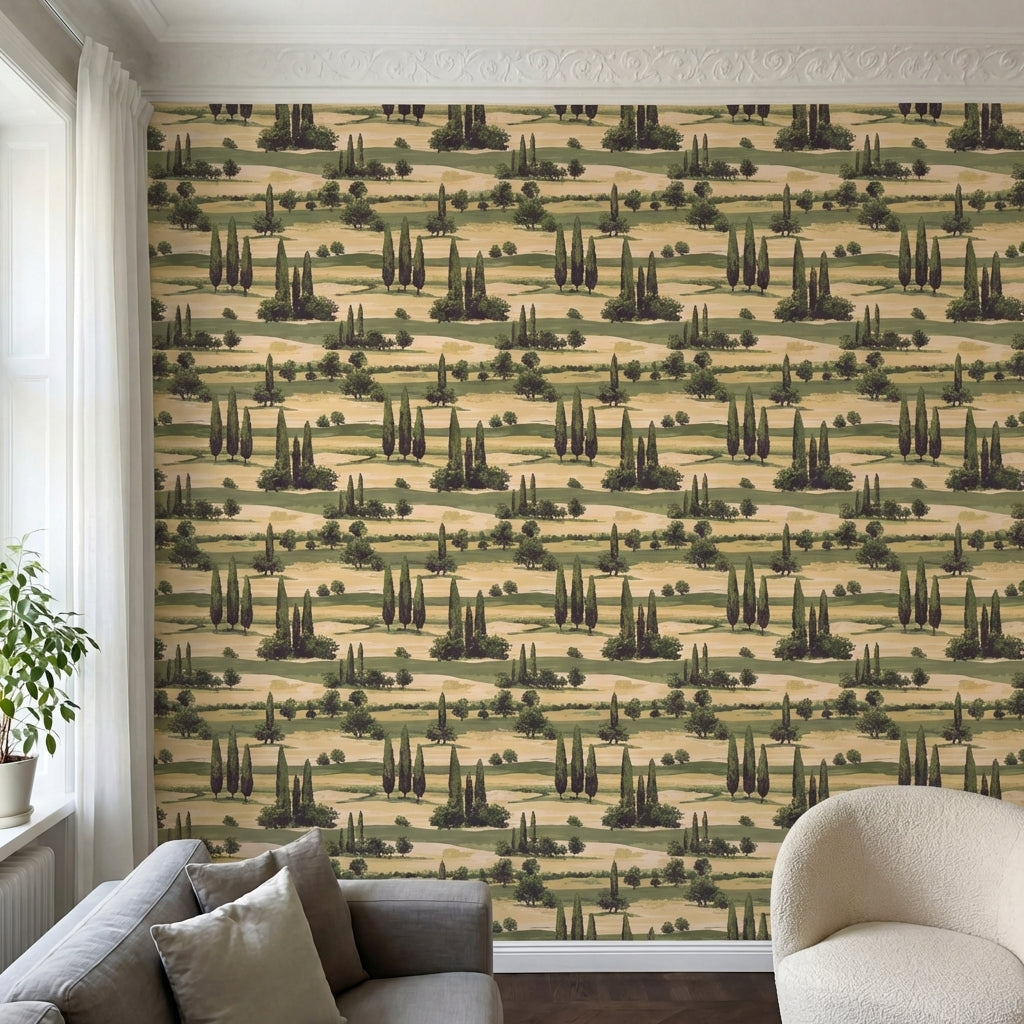 papier peint nature cypres chenes et prairies vallonnees vert olive et beige pan-HERO-2
