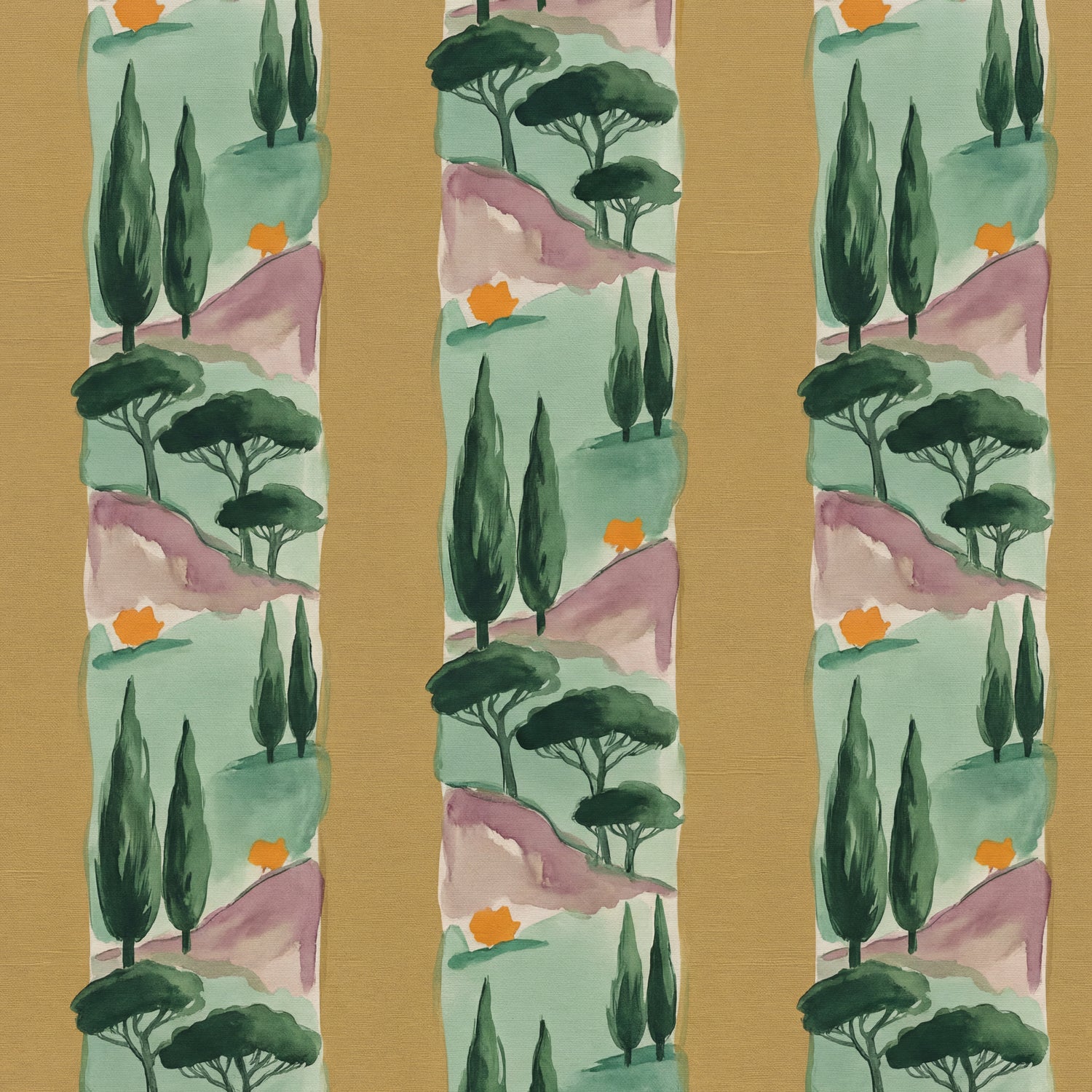 Papier peint motif nature - Cyprès et pins parasols vert sauge et rose poudré - Design