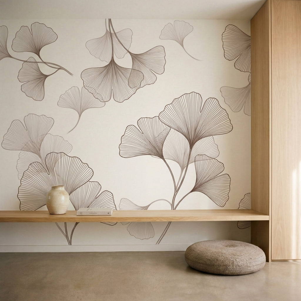 papier peint nature feuille ginkgo dessines traits fins tons beige rose et brun -5